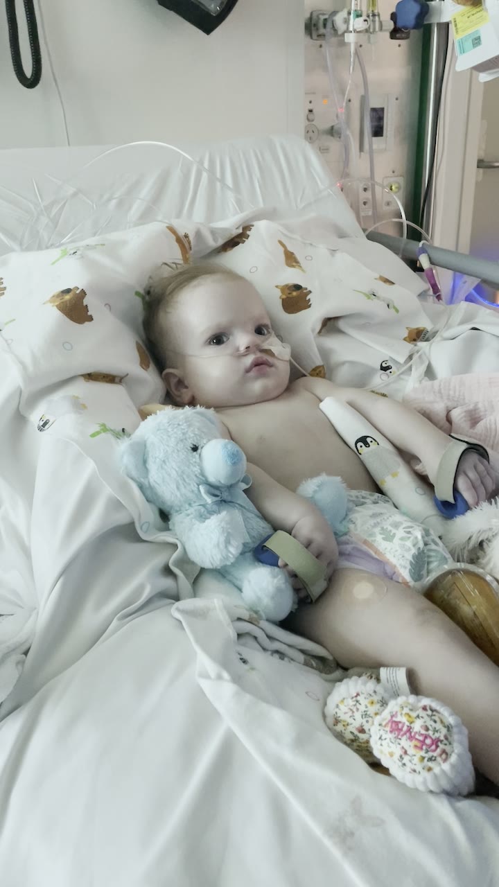 Lily sitting up with a soft elephant toy